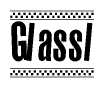 The image contains the text Glassl in a bold, stylized font, with a checkered flag pattern bordering the top and bottom of the text.