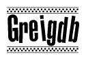 The image contains the text Greigdb in a bold, stylized font, with a checkered flag pattern bordering the top and bottom of the text.
