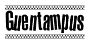 The image is a black and white clipart of the text Guentampus in a bold, italicized font. The text is bordered by a dotted line on the top and bottom, and there are checkered flags positioned at both ends of the text, usually associated with racing or finishing lines.