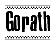 The image is a black and white clipart of the text Gorath in a bold, italicized font. The text is bordered by a dotted line on the top and bottom, and there are checkered flags positioned at both ends of the text, usually associated with racing or finishing lines.