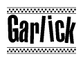 The clipart image displays the text Garlick in a bold, stylized font. It is enclosed in a rectangular border with a checkerboard pattern running below and above the text, similar to a finish line in racing. 