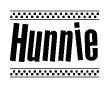 The image contains the text Hunnie in a bold, stylized font, with a checkered flag pattern bordering the top and bottom of the text.