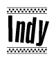 The image contains the text Indy in a bold, stylized font, with a checkered flag pattern bordering the top and bottom of the text.