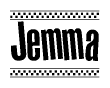 The image is a black and white clipart of the text Jemma in a bold, italicized font. The text is bordered by a dotted line on the top and bottom, and there are checkered flags positioned at both ends of the text, usually associated with racing or finishing lines.
