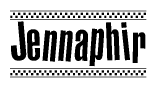 The image is a black and white clipart of the text Jennaphir in a bold, italicized font. The text is bordered by a dotted line on the top and bottom, and there are checkered flags positioned at both ends of the text, usually associated with racing or finishing lines.