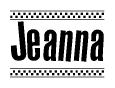 The clipart image displays the text Jeanna in a bold, stylized font. It is enclosed in a rectangular border with a checkerboard pattern running below and above the text, similar to a finish line in racing. 