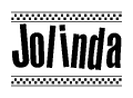 The image contains the text Jolinda in a bold, stylized font, with a checkered flag pattern bordering the top and bottom of the text.