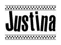 The image contains the text Justina in a bold, stylized font, with a checkered flag pattern bordering the top and bottom of the text.