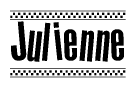 The image contains the text Julienne in a bold, stylized font, with a checkered flag pattern bordering the top and bottom of the text.