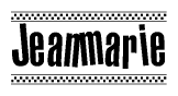 The image contains the text Jeanmarie in a bold, stylized font, with a checkered flag pattern bordering the top and bottom of the text.