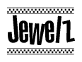 The image contains the text Jewelz in a bold, stylized font, with a checkered flag pattern bordering the top and bottom of the text.