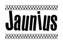 The clipart image displays the text Jaunius in a bold, stylized font. It is enclosed in a rectangular border with a checkerboard pattern running below and above the text, similar to a finish line in racing. 