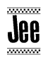 The image is a black and white clipart of the text Jee in a bold, italicized font. The text is bordered by a dotted line on the top and bottom, and there are checkered flags positioned at both ends of the text, usually associated with racing or finishing lines.