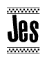The image is a black and white clipart of the text Jes in a bold, italicized font. The text is bordered by a dotted line on the top and bottom, and there are checkered flags positioned at both ends of the text, usually associated with racing or finishing lines.