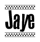 The image is a black and white clipart of the text Jaye in a bold, italicized font. The text is bordered by a dotted line on the top and bottom, and there are checkered flags positioned at both ends of the text, usually associated with racing or finishing lines.