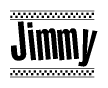 The image contains the text Jimmy in a bold, stylized font, with a checkered flag pattern bordering the top and bottom of the text.