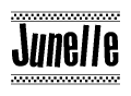 The image contains the text Junelle in a bold, stylized font, with a checkered flag pattern bordering the top and bottom of the text.