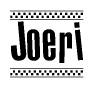 The image is a black and white clipart of the text Joeri in a bold, italicized font. The text is bordered by a dotted line on the top and bottom, and there are checkered flags positioned at both ends of the text, usually associated with racing or finishing lines.