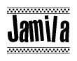 The image is a black and white clipart of the text Jamila in a bold, italicized font. The text is bordered by a dotted line on the top and bottom, and there are checkered flags positioned at both ends of the text, usually associated with racing or finishing lines.