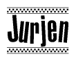 The image is a black and white clipart of the text Jurjen in a bold, italicized font. The text is bordered by a dotted line on the top and bottom, and there are checkered flags positioned at both ends of the text, usually associated with racing or finishing lines.