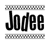 The clipart image displays the text Jodee in a bold, stylized font. It is enclosed in a rectangular border with a checkerboard pattern running below and above the text, similar to a finish line in racing. 