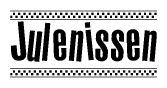 The clipart image displays the text Julenissen in a bold, stylized font. It is enclosed in a rectangular border with a checkerboard pattern running below and above the text, similar to a finish line in racing. 