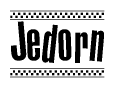The image contains the text Jedorn in a bold, stylized font, with a checkered flag pattern bordering the top and bottom of the text.