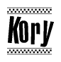 The image contains the text Kory in a bold, stylized font, with a checkered flag pattern bordering the top and bottom of the text.