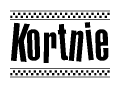 The image is a black and white clipart of the text Kortnie in a bold, italicized font. The text is bordered by a dotted line on the top and bottom, and there are checkered flags positioned at both ends of the text, usually associated with racing or finishing lines.