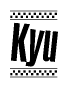 The clipart image displays the text Kyu in a bold, stylized font. It is enclosed in a rectangular border with a checkerboard pattern running below and above the text, similar to a finish line in racing. 