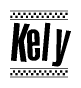 The image is a black and white clipart of the text Kely in a bold, italicized font. The text is bordered by a dotted line on the top and bottom, and there are checkered flags positioned at both ends of the text, usually associated with racing or finishing lines.