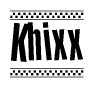 The image contains the text Khixx in a bold, stylized font, with a checkered flag pattern bordering the top and bottom of the text.