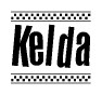 The clipart image displays the text Kelda in a bold, stylized font. It is enclosed in a rectangular border with a checkerboard pattern running below and above the text, similar to a finish line in racing. 
