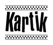 The image contains the text Kartik in a bold, stylized font, with a checkered flag pattern bordering the top and bottom of the text.