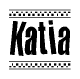 The image is a black and white clipart of the text Katia in a bold, italicized font. The text is bordered by a dotted line on the top and bottom, and there are checkered flags positioned at both ends of the text, usually associated with racing or finishing lines.