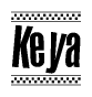 The image contains the text Keya in a bold, stylized font, with a checkered flag pattern bordering the top and bottom of the text.