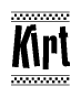 The clipart image displays the text Kirt in a bold, stylized font. It is enclosed in a rectangular border with a checkerboard pattern running below and above the text, similar to a finish line in racing. 
