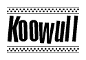 The image is a black and white clipart of the text Koowull in a bold, italicized font. The text is bordered by a dotted line on the top and bottom, and there are checkered flags positioned at both ends of the text, usually associated with racing or finishing lines.