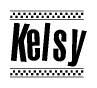 The clipart image displays the text Kelsy in a bold, stylized font. It is enclosed in a rectangular border with a checkerboard pattern running below and above the text, similar to a finish line in racing. 