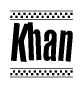 The image contains the text Khan in a bold, stylized font, with a checkered flag pattern bordering the top and bottom of the text.