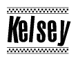 The image is a black and white clipart of the text Kelsey in a bold, italicized font. The text is bordered by a dotted line on the top and bottom, and there are checkered flags positioned at both ends of the text, usually associated with racing or finishing lines.