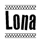 The clipart image displays the text Lona in a bold, stylized font. It is enclosed in a rectangular border with a checkerboard pattern running below and above the text, similar to a finish line in racing. 