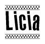 The clipart image displays the text Licia in a bold, stylized font. It is enclosed in a rectangular border with a checkerboard pattern running below and above the text, similar to a finish line in racing. 