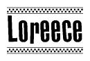 The clipart image displays the text Loreece in a bold, stylized font. It is enclosed in a rectangular border with a checkerboard pattern running below and above the text, similar to a finish line in racing. 