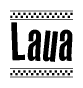 The image contains the text Laua in a bold, stylized font, with a checkered flag pattern bordering the top and bottom of the text.
