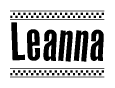 The image is a black and white clipart of the text Leanna in a bold, italicized font. The text is bordered by a dotted line on the top and bottom, and there are checkered flags positioned at both ends of the text, usually associated with racing or finishing lines.