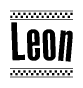 The image contains the text Leon in a bold, stylized font, with a checkered flag pattern bordering the top and bottom of the text.
