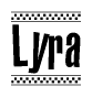 The clipart image displays the text Lyra in a bold, stylized font. It is enclosed in a rectangular border with a checkerboard pattern running below and above the text, similar to a finish line in racing. 