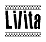 The image is a black and white clipart of the text Lilita in a bold, italicized font. The text is bordered by a dotted line on the top and bottom, and there are checkered flags positioned at both ends of the text, usually associated with racing or finishing lines.
