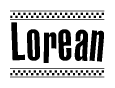 The image is a black and white clipart of the text Lorean in a bold, italicized font. The text is bordered by a dotted line on the top and bottom, and there are checkered flags positioned at both ends of the text, usually associated with racing or finishing lines.